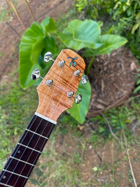 Custom Maui Tenor Ukulele by Jesse Mendes – 5A Curly Koa + Ocean Blue Detail