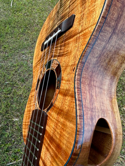 Custom Maui Tenor Ukulele by Jesse Mendes – 5A Curly Koa + Ocean Blue Detail